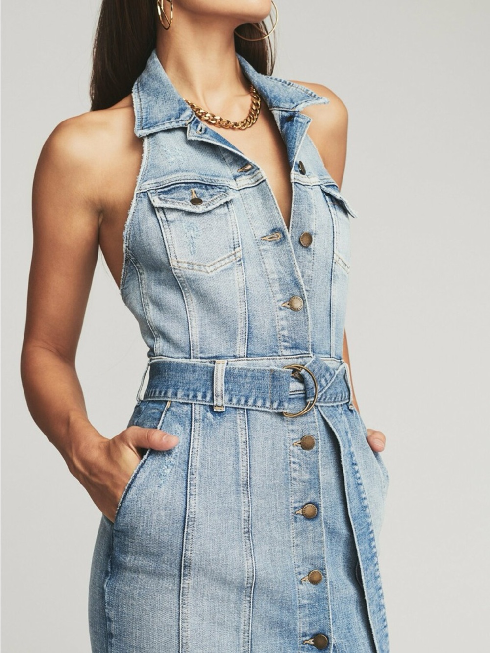 Retrofete Logan Light Blue Denim Halter Button-Front Midi Dress - Picture 2 of 9
